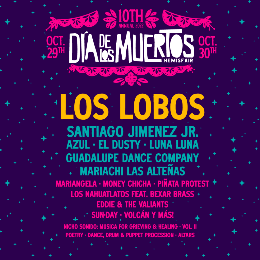 Día de los Muertos event with performers listed.