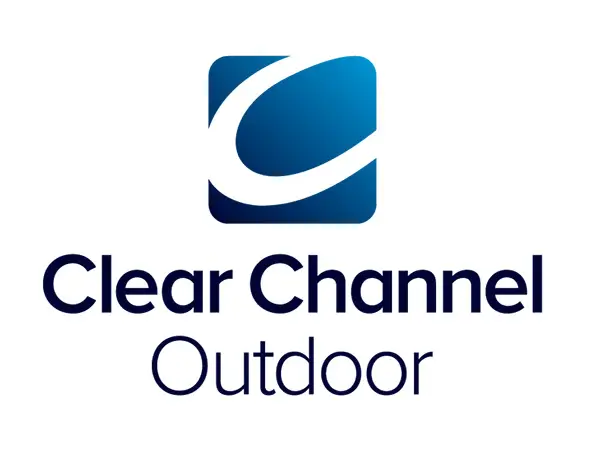Clear Channel Outdoor logo with blue and gray design.