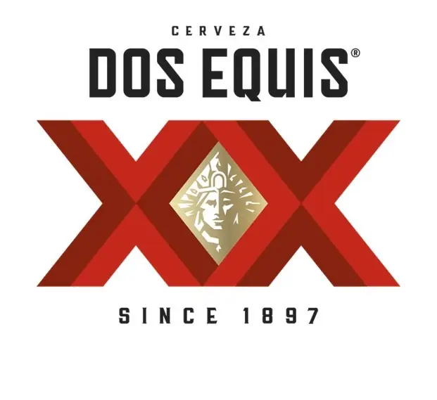 Logo of Dos Equis beer with two red X's and a gold emblem.
