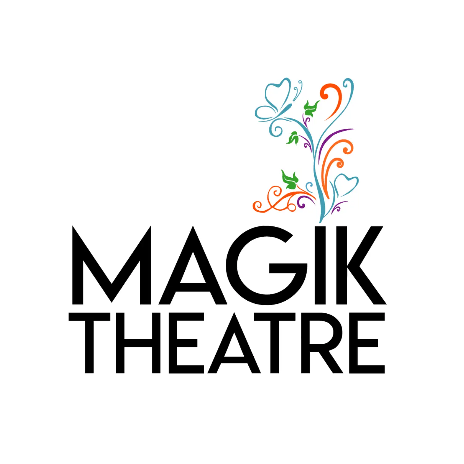 Logo of Magik Theatre with colorful artistic butterflies and swirls.