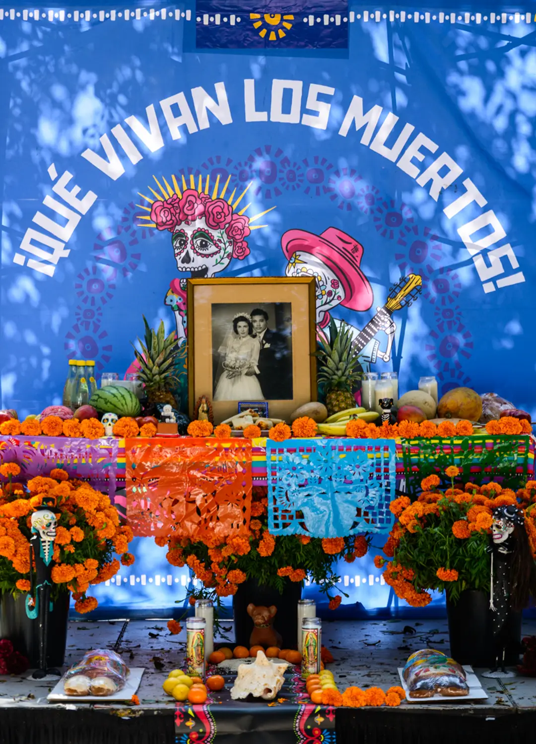 Muertos Fest workshop altar filled with photographs of loved ones, marigolds, and blue papel picado