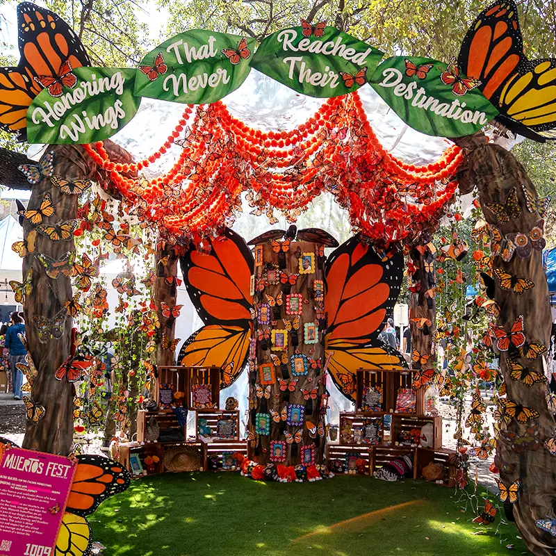 Día de los Muertos ofrenda framed by marigolds and papel picado at Muertos Fest